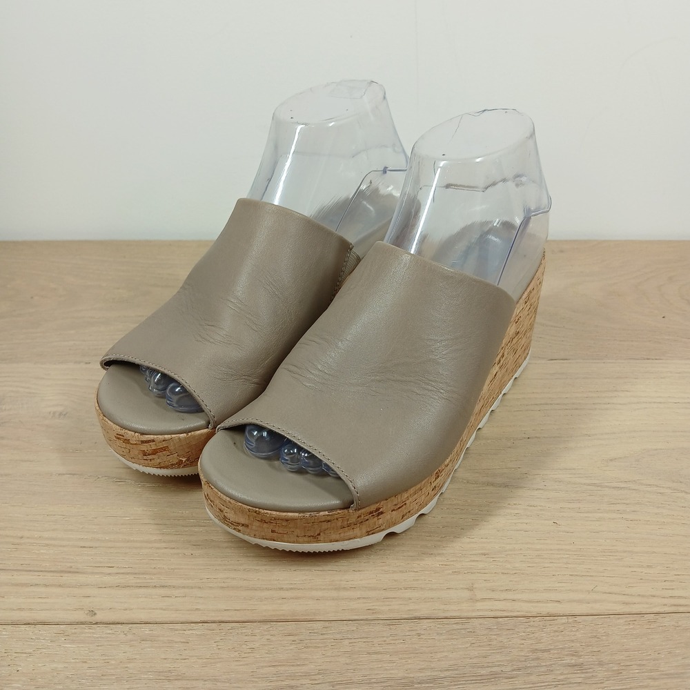 Sorel Joanie II Slide Sandals Women's 8 Taupe Leather Cork Wedge Platform - Picture 1 of 12